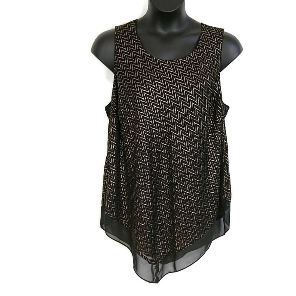Alfani Sleeveless Blouse Womens 3X Black Gold Metallic Chevron Sharkbite Hem